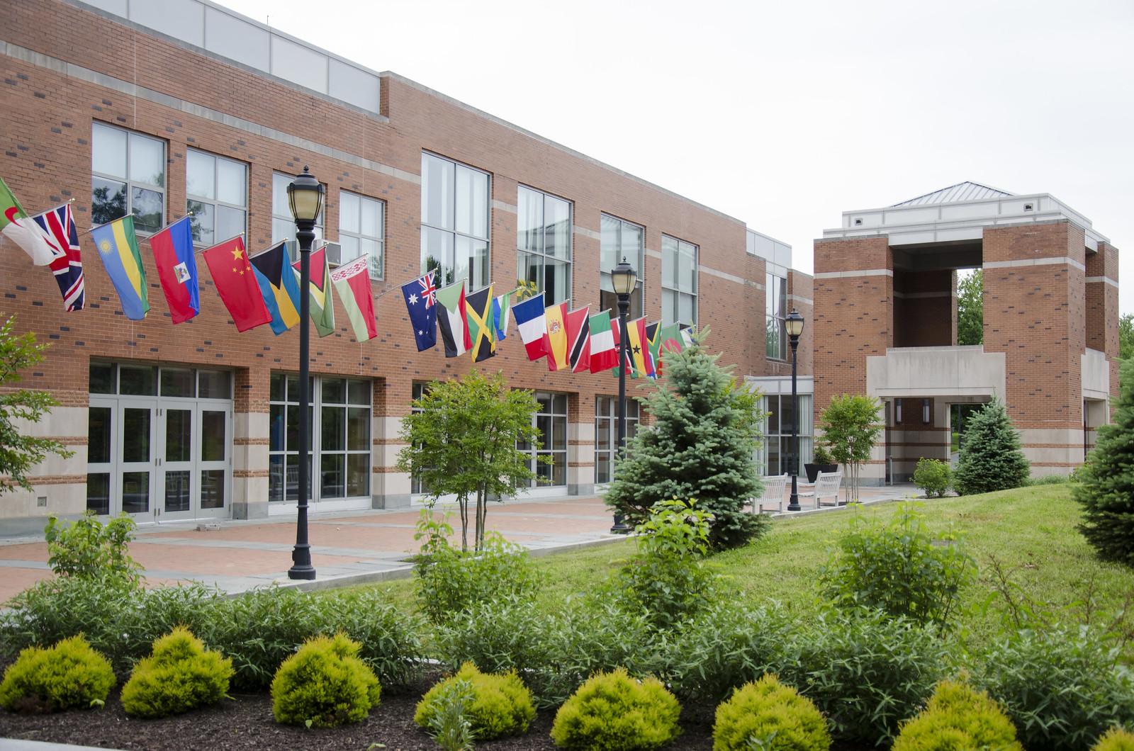 International flags hanging on building